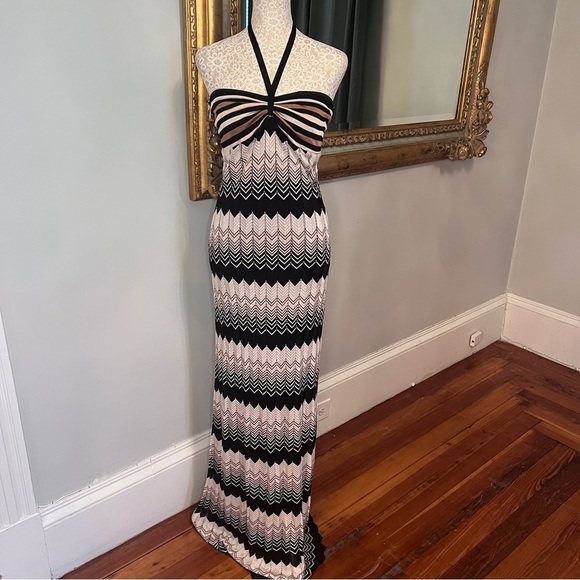 TRINA TURK Vallarta Brown, Cream , Black Chevron Halter Maxi Dress Size Medium - Picture 1 of 13